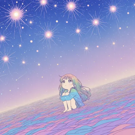 solo,relaxed style of relaxation,(flat color:1.2), simple color,Girl Manga Style, Line Art,one cute girl with a crooked foot, inspecting . outer space, Milky Way, (Many cosmic colorful shooting stars_Star:1.3), Dutch angle