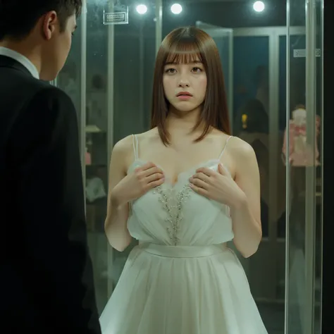 Beautiful woman wearing a white prom mini dress inside a glass showcase、、Price tag 、bright lights、Love Doll Showroom、A gentleman appraising an item、1 woman、Detailed Thigh、beautifully drawn face down to the smallest detail、Fine Hollow Eyes、detailed lips、Gra...
