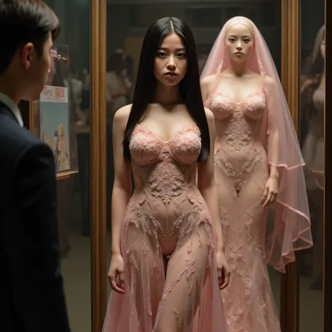 Beautiful woman wearing pink lace prom mini dress inside a glass showcase、pink wedding veil、Price tag 、bright lights、Love Doll Showroom、A gentleman appraising an item、1 woman、Detailed Thigh、beautifully drawn face down to the smallest detail、Fine Hollow Eye...