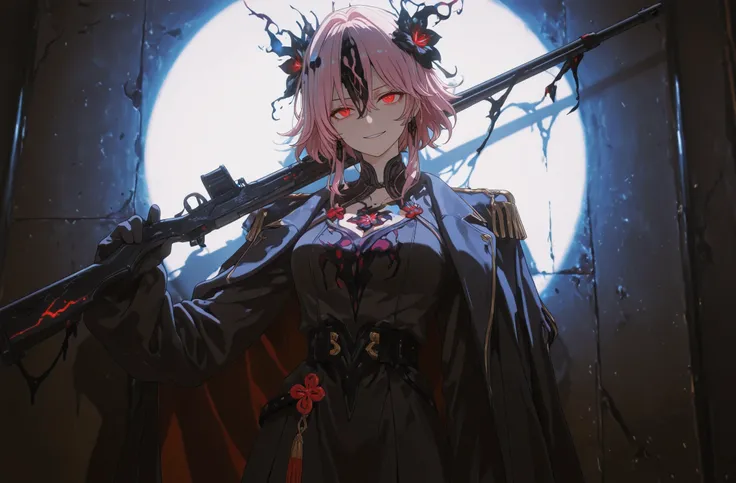 (black mist head:1.44), glowing eyes, holding rifle,FreischutzPM, against the wall, (looking at viewer, portrait shot:1.22),  (medium shot, three quarter shot:1.3), (1girl:0.95), solo, masterpiece, best quality, amazing quality, very aesthetic, high resolu...