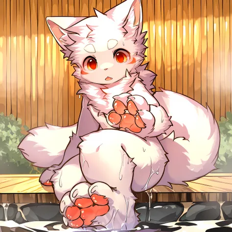Young male white cat, Pure white skin, Sitting on side of onsen, Wet, Tail, Pawpads, Animal hands and feet, highres, masterpiece, best quality