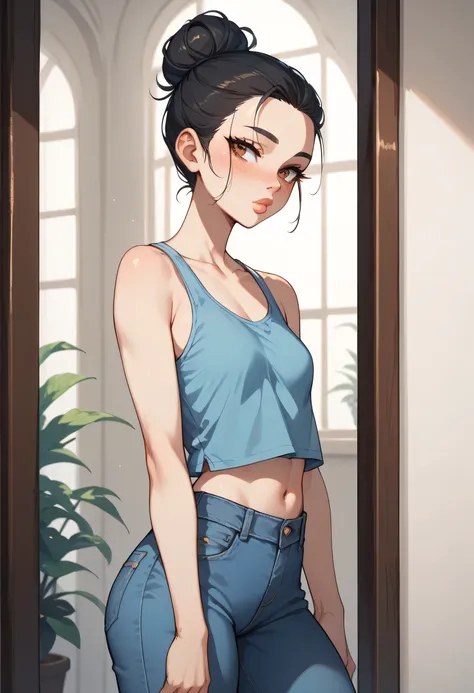 1girl, black hair, (hair bun low), (forehead), black thin eyebrows, big brown eyes, black eyeliners, blush, nose, thick lips, beautiful girl, small breasts, blue tank top, blue jeans, ((standing))