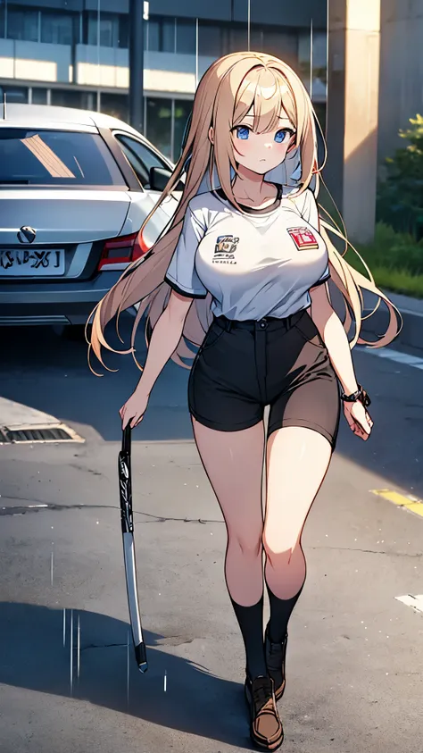 full body image, forehead, a girl, 18 years old, Mix 4, (32k, RAW photos, top quality, masterpiece:1.2), (Similar to anime, photoSimilar to anime:1.37), beautiful, short sleeve t-shirt,shorts,black knee-length socks, night, rain, humidity, professional lig...