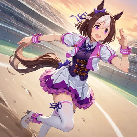 anime, lazypos, masterpiece, best quality, amazing quality, at racetrack, turf ground, 1girl, solo, running, special week \(umamusume\) horse girl, horse ears, pink eyes, two-tone hair, brown hair, purple bow, ear bow, braid, ear bow, purple bow, puffy sho...