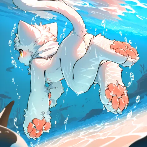 Young male white cat, Pure white skin, Swimming in the sea, Wet, Underwater view, Full body view, Tail, Pawpads, Animal hands and feet, highres, masterpiece, best quality