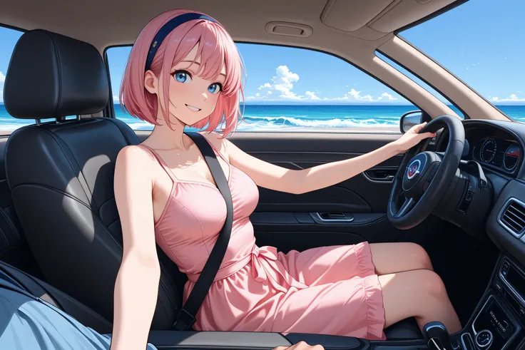 pov, 1girl in passenger seat, solo, pink hair, short bob hair, hairband, blue eyes, middle breasts, smile,
pink sundress, driving along a scenic coastal road, inside car, seat belt, ocean waves, sandy beach, clear blue sky,
BREAK
masterpiece, best quality,...