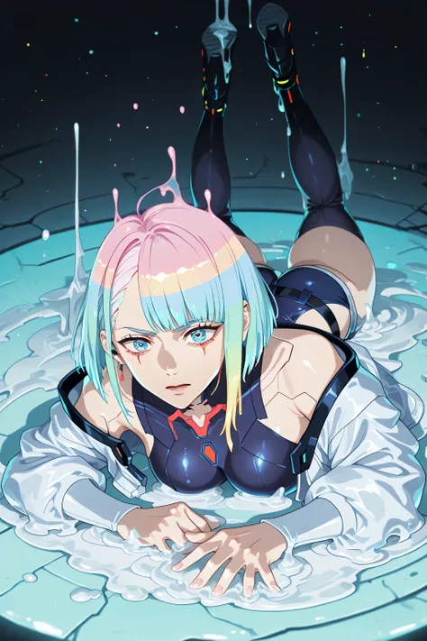 sexy adult lucy \(cyberpunk\) melting completely:1.0, fully melted:1.0, melt into a puddle:1.0, multicolored hair, short hair, solo, blue eyes, turtleneck leotard, short shorts, thighhighs, melting clothes, high definition eyes,detailed eyes, ethereal imag...