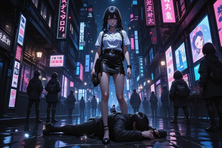 w1n,hyp3rd3tail style,DonMC0m1cM4g1cFX magic, a female detective in a cyber punk city, wearing white button shirt, leather skirt, high heels, holding a magnifying glass,  stands in a dark street, near a corpse 