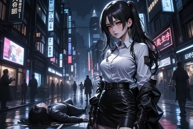 w1n,hyp3rd3tail style,DonMC0m1cM4g1cFX magic, a female detective in a cyber punk city, wearing white button shirt, leather skirt, high heels, holding a magnifying glass,  stands in a dark street, near a corpse 