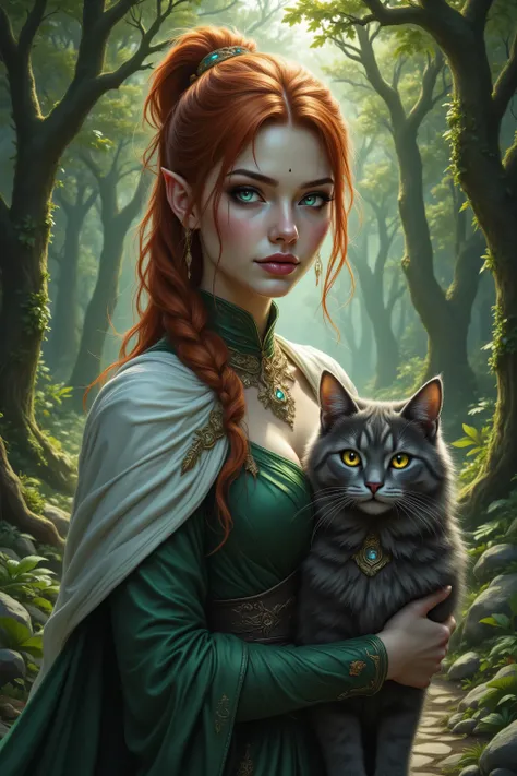 hyp3rd3tail style,a picture of a female elf and her pet epic cat an exquisite beautiful female elf (ultra details, Masterpiece, best quality), red hair, pale skin, hair in a ponytail, long hair, blue eyes, smirking, wearing green dress (ultra details, Mast...
