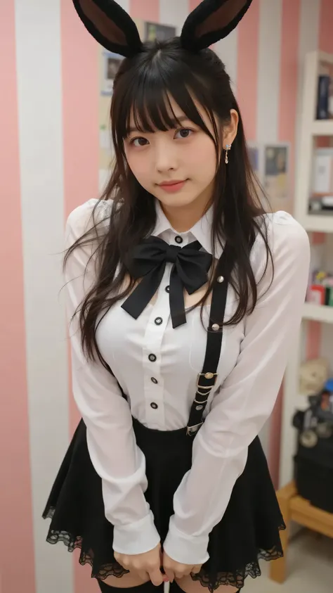jp,jp1,,jpp,,Slip areola,jp,jp,(傑作, 最高品質:1.2), 1girl, ソロ,A young woman with long dark hair and bangs, wearing a black and white bunny costume with a bow tie and buttons, paired with lace stockings. She has black bunny ears on her head. The setting is a roo...
