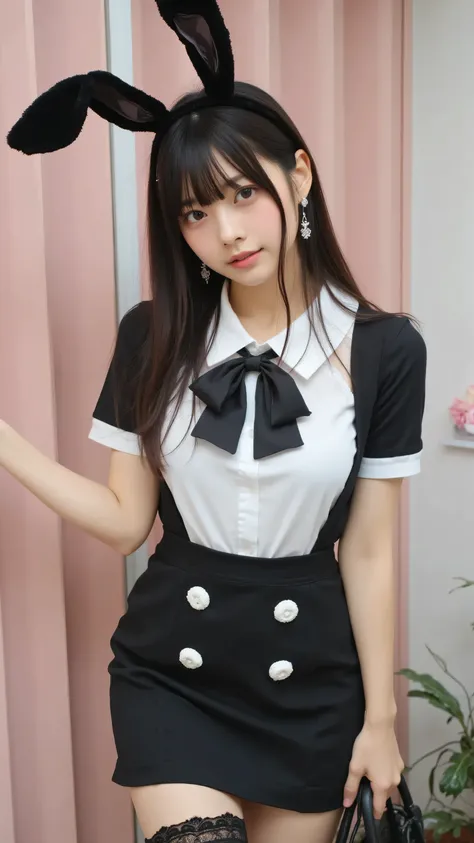 jp,jp1,,jpp,,Slip areola,jp,jp,(傑作, 最高品質:1.2), 1girl, ソロ,A young woman with long dark hair and bangs, wearing a black and white bunny costume with a bow tie and buttons, paired with lace stockings. She has black bunny ears on her head. The setting is a roo...