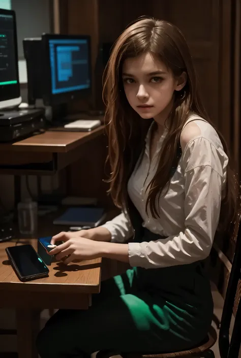 a girl student hacker fixing broken smartphones between classes,desk full of colored leds,detailed facial features,focused expression,sitting at desk,tinkering with electronics,professional cyberpunk style,digital illustration,4k,8k,ultra-detailed,photorea...