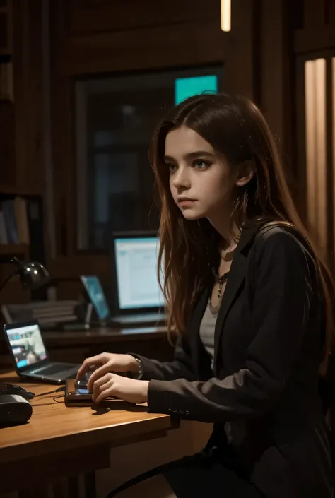 a girl student hacker fixing broken smartphones between classes,desk full of colored leds,detailed facial features,focused expression,sitting at desk,tinkering with electronics,professional cyberpunk style,digital illustration,4k,8k,ultra-detailed,photorea...