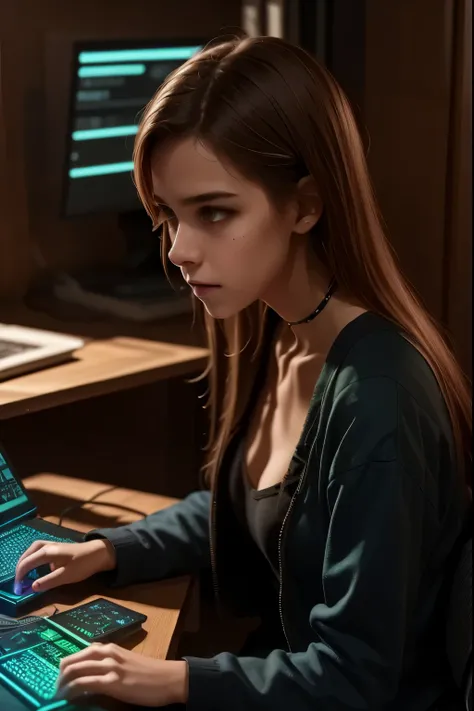 a girl student hacker fixing broken smartphones between classes,desk full of colored leds,detailed facial features,focused expression,sitting at desk,tinkering with electronics,professional cyberpunk style,digital illustration,4k,8k,ultra-detailed,photorea...