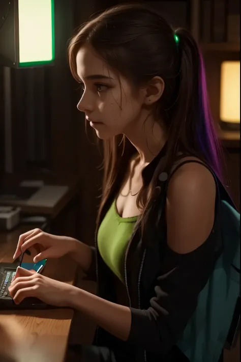 a girl student hacker fixing broken smartphones between classes,desk full of colored leds,detailed facial features,focused expression,sitting at desk,tinkering with electronics,professional cyberpunk style,digital illustration,4k,8k,ultra-detailed,photorea...