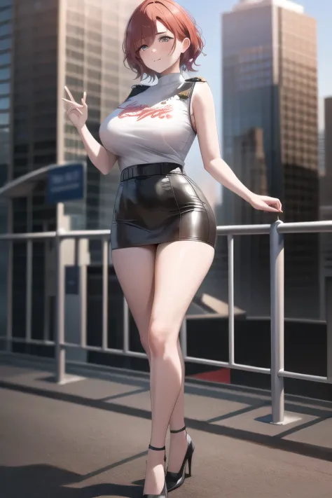 using cinematic lighting and ray tracing ， using cinematic lighting and ray tracing  short-haired woman with red hair，a cop wearing a miniskirt，，BIG BREASTSと更にBIG BREASTSを描いてください，using cinematic lighting and ray tracing マイクロミニスカート，Sleeveless Sweater，High H...