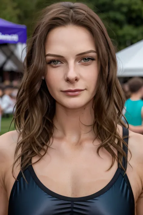 woman with long blond hair，Can you draw a woman with an expression trying out a triathlon，sportswear、real，Picture