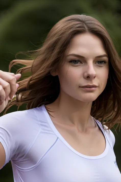 a woman jogging，Can you draw a、long blond woman in the park，can you draw a woman with an expression trying out a triathlon，sportswear、reality， Picture 