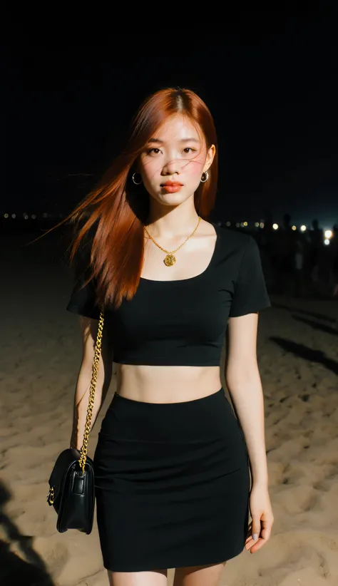 {

"PROMPT": "FORCE: Ultra-realistic candid nightlife photo. Naomi, young Filipino woman, slim with prominently large bust . Standing naturally on the sand, full body visible, eye-level angle, vertical 9:16 framing. Outfit: tight black crop top and black m...