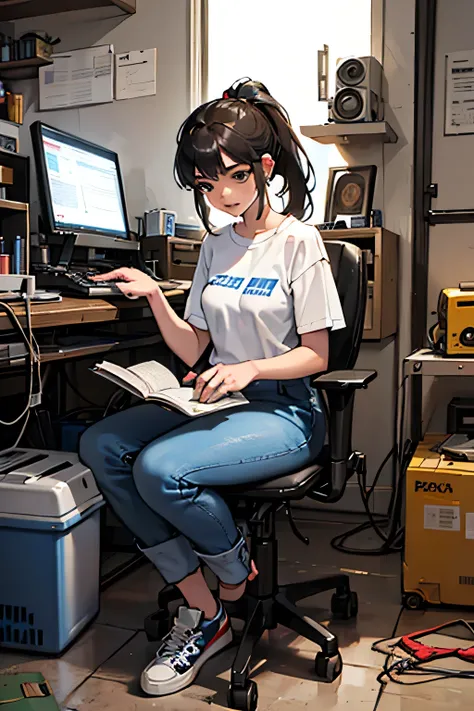 Girl with a ponytail,,white shirt,jeans,Sneakers,,repairing a boombox,can you draw a woman repairing home appliances by herself,tool box in the background,Welder,A metalworking machine,is placed,can be repaired by one person,