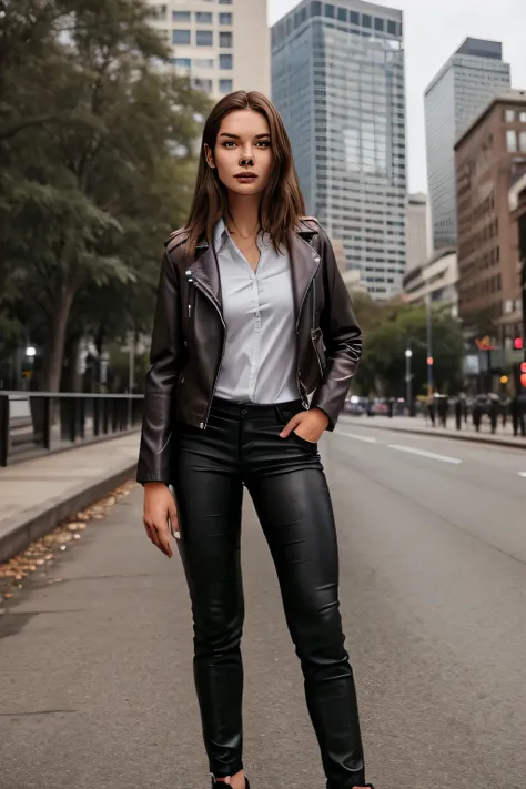 leather jacket、white shirt，Leather shoes，Leather trousers，Can you draw a figure holding a rifle，Woman doing sniper，using cinematic lighting and ray tracing 、long blond woman in the park，can you draw a woman with a sniper expression，City，、reality，  Picture ...