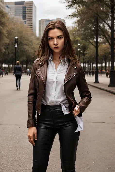 leather jacket、white shirt，Leather shoes，Leather trousers，Can you draw a figure holding a rifle，Woman doing sniper，using cinematic lighting and ray tracing 、long blond woman in the park，can you draw a woman with a sniper expression，City，、reality，  Picture ...