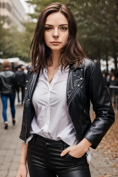 can you draw a facial expression more delicately，leather jacket、white shirt，Leather shoes，leather pants，a rifle using cinematic lighting and ray tracing，a woman with a sniper，Can you draw a figure holding a 、a long blond woman in the park，can you draw a wo...