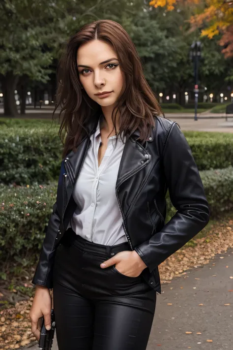 can you draw a facial expression more delicately，leather jacket、white shirt，Leather shoes，leather pants，a rifle using cinematic lighting and ray tracing，a woman with a sniper，Can you draw a figure holding a 、a long blond woman in the park，can you draw a wo...