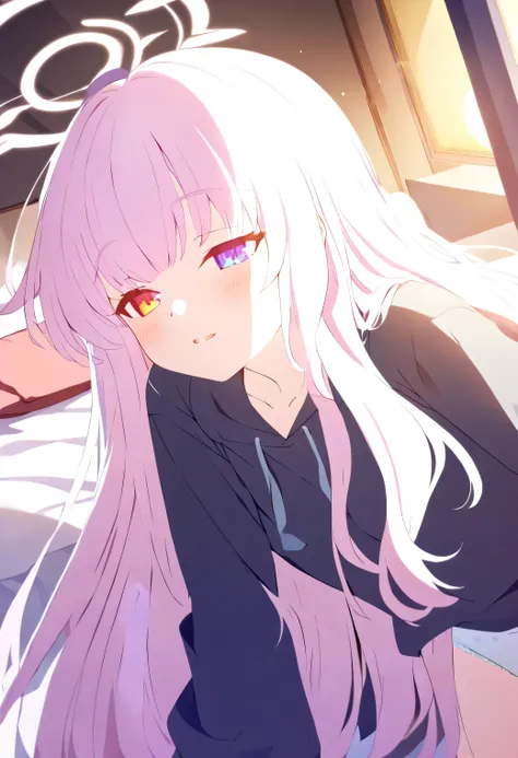 only one girl ，粉色 hair,   long hair,  （ Golden eyes :1.5), (   大大的Chest  :1.2)，
underwear, Thighs,  White_underwear,underwear，  black sweatshirt ，Long_hair, Chest，Your pajamas won't be able to fasten when your arms stick out ， Bare Belly，  close your eyes ...