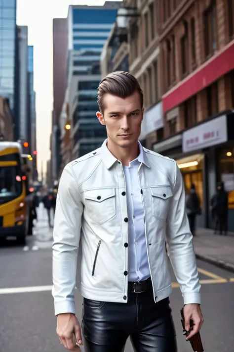 Man standing with his hair up,can you draw facial expressions more delicately，leather jacket、white shirt，Leather shoes，Leather Pants，Person with a rifle ，City，、reality，    Picture    