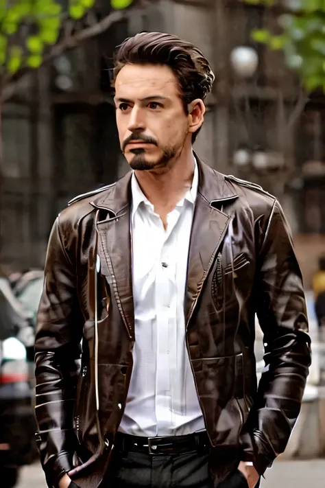 Man standing with his hair raised,can you draw expressions more delicately，mustache，leather jacket、white shirt，Leather shoes，Leather Pants，Person with a rifle  ，City，、reality，     Picture     