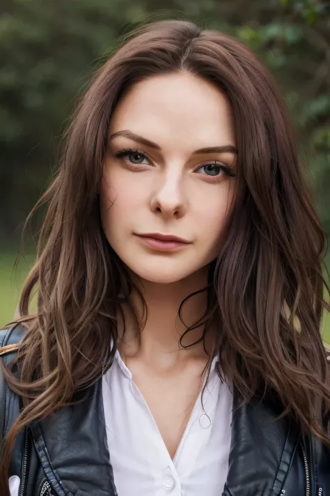 can you draw a more delicate facial expression，leather jacket、white shirt，Leather shoes，Leather Pants，can you draw a person with a rifle using movie lighting and ray tracing，Can you draw a person with a sniper，with a sniper 、a long blond woman in the park，...