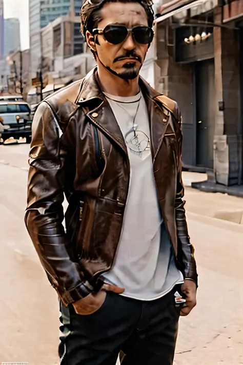 Can you draw the expression of the man wearing sunglasses,Can you draw the expression of a man with standing hair,more delicately，Beard，leather jacket、white shirt，Leather shoes，Leather Pants，Person with a rifle   ，City，、reality，      Picture      