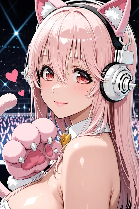 1girl, super sonico, close-up portrait, female, woman, fair skin,Shiny skin,pink lips, idol costume,concert background,one hand,heart,depth of field,slight smile,looking at viewer,from the side, fake animal ears, pink cat ears, animal hand, large pink cat ...