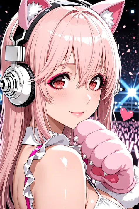 1girl, super sonico, close-up portrait, female, woman, fair skin,Shiny skin,pink lips, ((idol costume)),concert background,one hand,heart,depth of field,slight smile,looking at viewer,from the side, fake animal ears, pink cat ears, animal hand, large pink ...