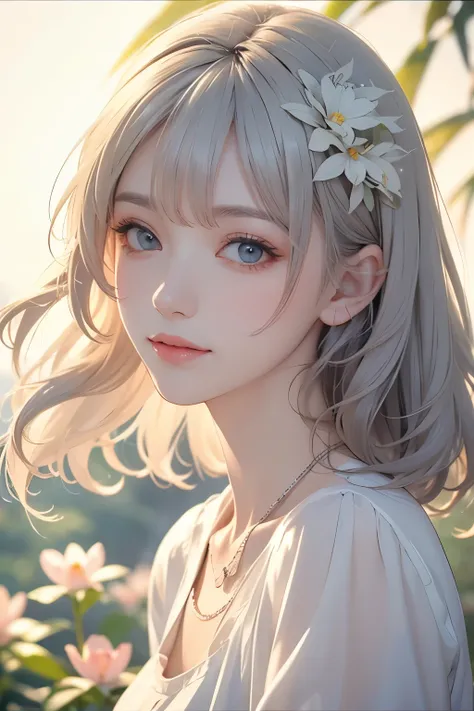 (Beautiful woman), (gentle smile like a young girl), clear light blue eyes, (short, semi-long white-silver hair), hair blowing in the wind, portrait, wearing a loose-fitting white short-sleeved T-shirt, (slender figure), sparkling small necklace, (waves on...