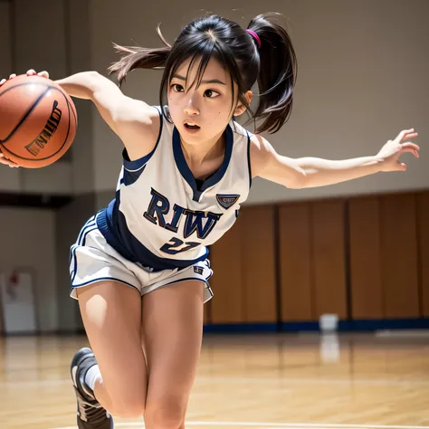 A young female basketball player makes a dynamic jump shot with elegance and control. She holds the ball firmly in both hands, her form showing strong confidence and skill. Her athletic uniform fits her form well, paired with high socks and sneakers in mat...