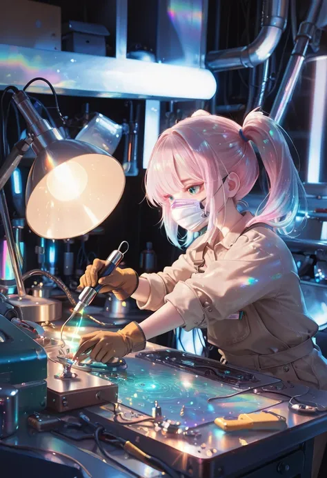 masterpiece, best quality, ultra-detailed, very aesthetic, absurdres, solo, 1 child girl, mechanic engineer, pink twintails, goggles, white mouth mask, light-brown coveralls, work gloves, repairing, maintenance, facing down, looking away, holding soldering...