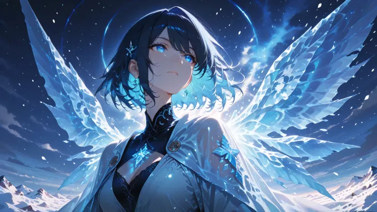 masterpiece, one girl, black medium hair, short cut, blue inner hair, asian, blue eyes, with a pair of frozen wings glowing with blue light, in a snowstorm sky, epic fantasy atmosphere, dramatic lighting, detailed illustration, portrait
