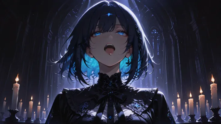masterpiece, one girl, black medium hair, short cut, blue inner hair, asian, blue eyes, gothic outfit, in A shadowy opera stage lit by candles, singing in the darkness, gothic atmosphere, dramatic lighting, detailed illustration, cinematic mood, portrait
