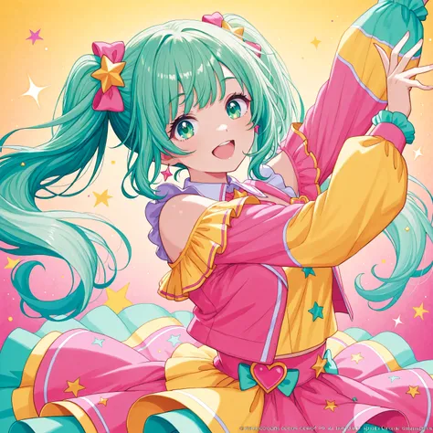 A bright and cheerful girl dancing in a colorful pop outfit. The background is filled with sparkling stars and heart motifs. She has a fun, energetic expression, idol-style vibes. The image is composed for album cover artwork, with sunny brightness and cat...