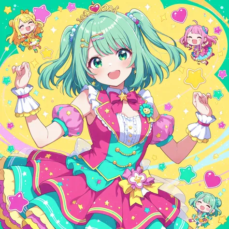 A bright and cheerful girl dancing in a colorful pop outfit. The background is filled with sparkling stars and heart motifs. She has a fun, energetic expression, idol-style vibes. The image is composed for album cover artwork, with sunny brightness and cat...