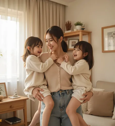 ultra-realistic, heartwarming scene of a strong, confident mother standing in her cozy living room, carrying her two young daughters in each arm effortlessly, mother wearing a casual yet stylish home outfit, natural makeup, hair neatly tied back, soft sunl...