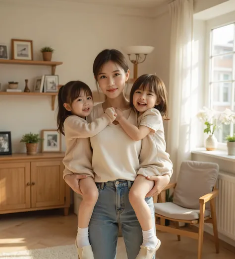 ultra-realistic, heartwarming scene of a strong, confident mother standing in her cozy living room, carrying her two young daughters in each arm effortlessly, mother wearing a casual yet stylish home outfit, natural makeup, hair neatly tied back, soft sunl...