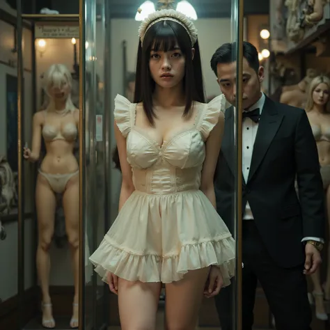 Beautiful woman wearing frilly french maid outfit inside glass showcase、Price tag 、bright lights、Love Doll Showroom、A gentleman appraising an item、1 woman、Detailed Thigh、beautifully drawn face down to the smallest detail、Fine Hollow Eyes、detailed lips、Grac...
