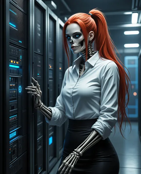 hyp3rd3tail style ,a picture of a female skeleton fixing computer server, red hair, hair in a ponytail, long hair, blue eyes, white button shirt, black skirt, in a modern server room , high details, best quality, 16k, ultra detailed, masterpiece, best qua...