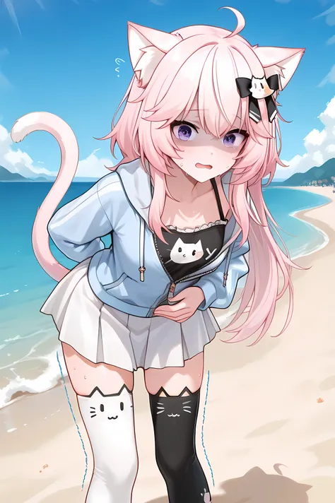 (VTuber_Nyanners, pink hair, long hair, cat ears, cat tail, purple eyes, blue hoodie, partially unzipped, long sleeves, camisole, cat print, white skirt, cat ear legwear, asymmetrical legwear, cat ear legwear, hair ornament, ahoge, bow),,VTuber_Nyanners,ny...