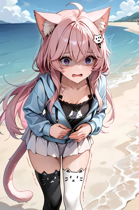 (VTuber_Nyanners, pink hair, long hair, cat ears, cat tail, purple eyes, blue hoodie, partially unzipped, long sleeves, camisole, cat print, white skirt, cat ear legwear, asymmetrical legwear, cat ear legwear, hair ornament, ahoge, bow),,VTuber_Nyanners, g...