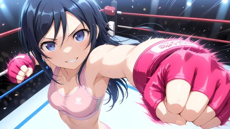 aragaki ayase, medium breasts, solo, (pink and white sports bra, pink and white boy-leg cut sports underwear, pink and white fingerless gloves), serious grin, well-toned slim body, little sweaty, looking at viewer, (extremely detailed eyes and face), stand...